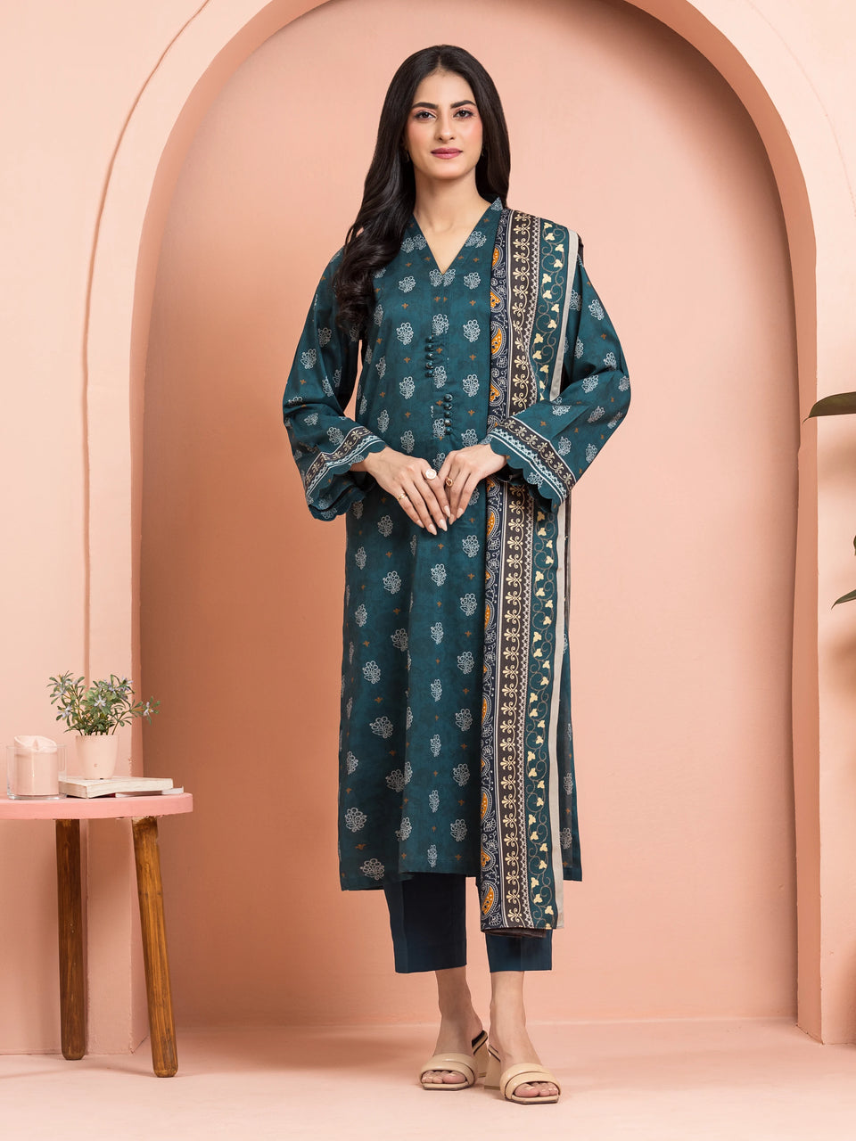 Unstitched Teal Printed Khaddar 3 Piece