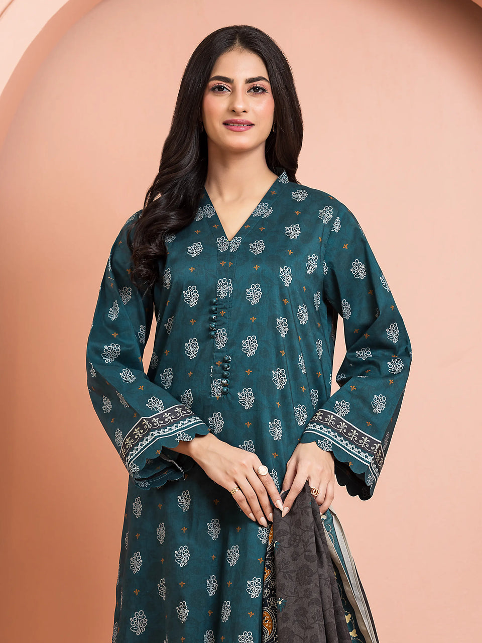 Unstitched Teal Printed Khaddar 3 Piece