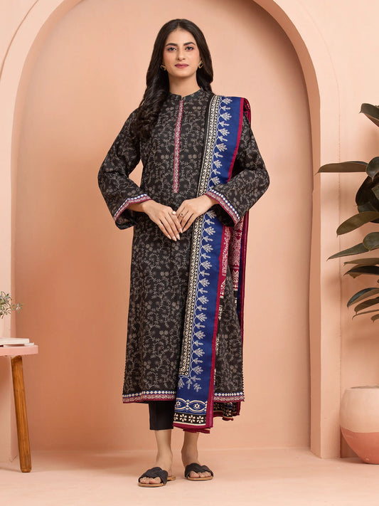 Unstitched Black Printed Khaddar 3 Piece