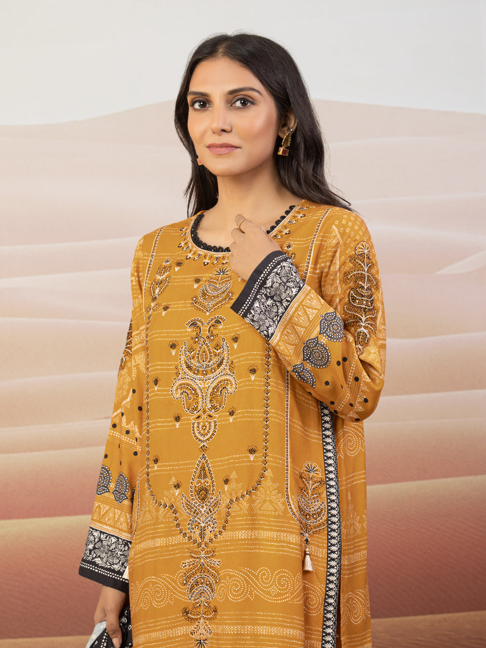 Unstitched Mustard Embroidered Crepe 3 Piece