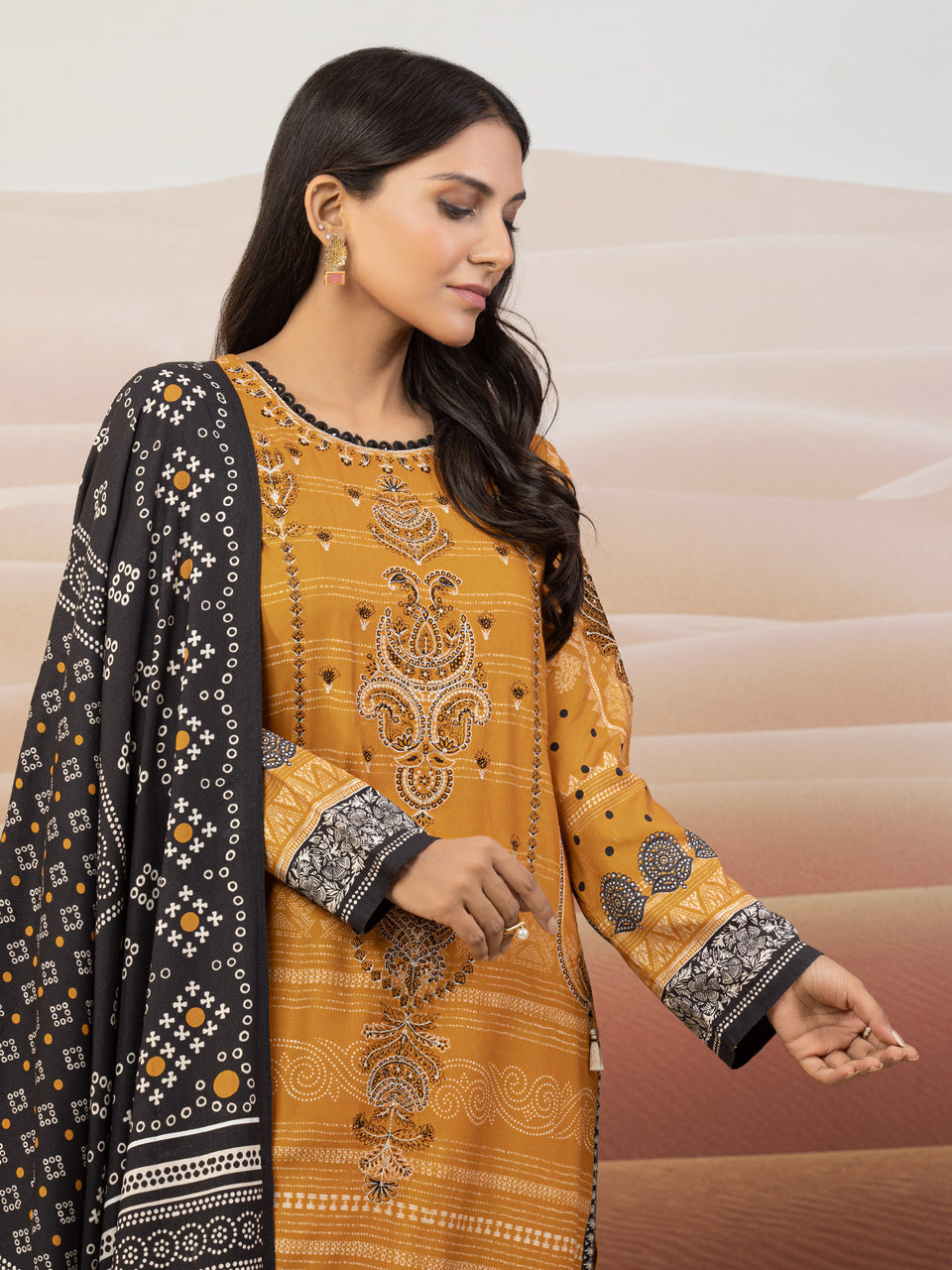 Unstitched Mustard Embroidered Crepe 3 Piece