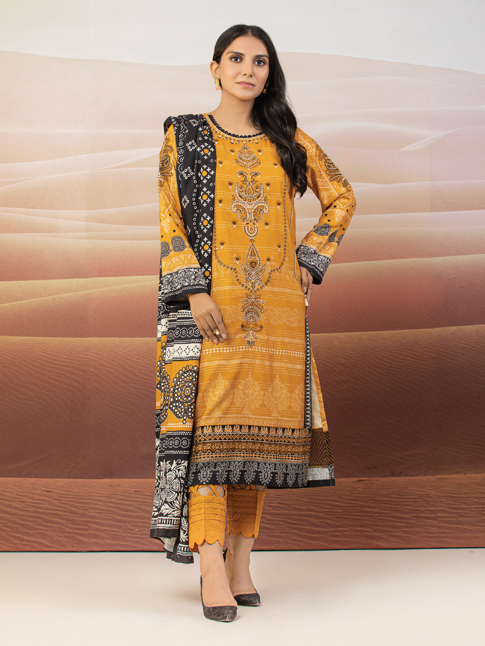 Unstitched Mustard Embroidered Crepe 3 Piece