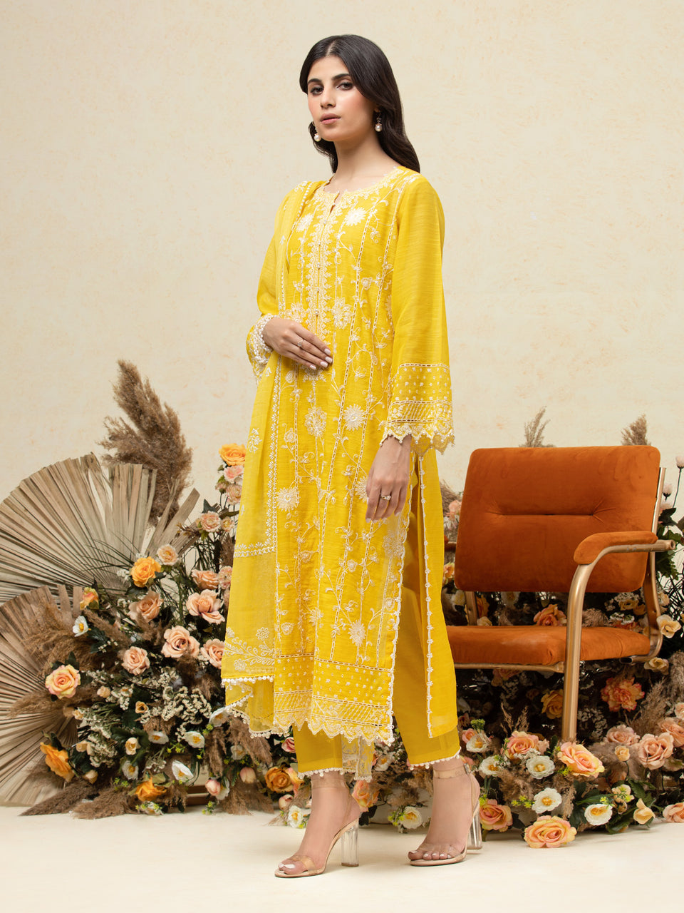 Unstitched Yellow Embroidered Chanderi 3 Piece