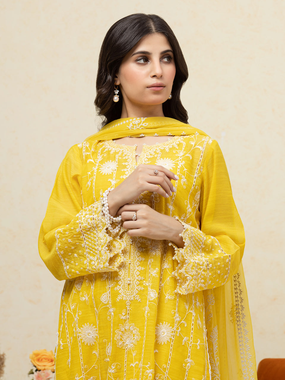 Unstitched Yellow Embroidered Chanderi 3 Piece