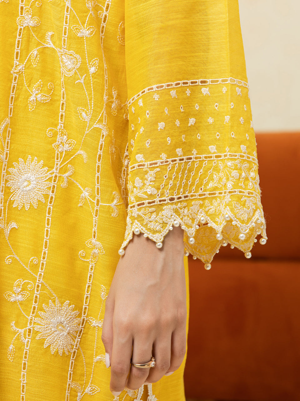 Unstitched Yellow Embroidered Chanderi 3 Piece