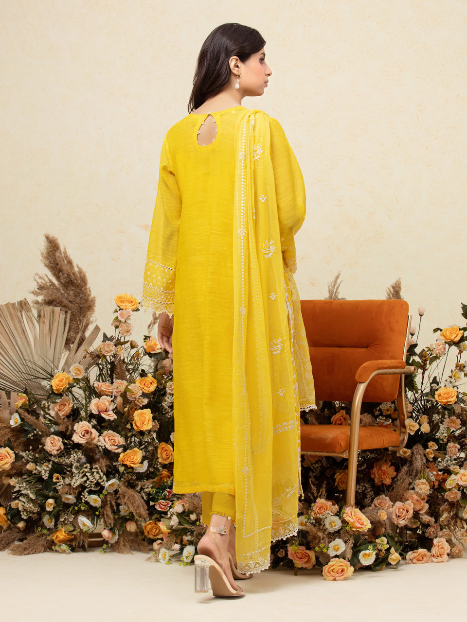 Unstitched Yellow Embroidered Chanderi 3 Piece