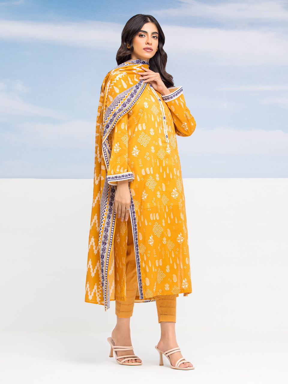 Unstitched Dark Yellow Printed Lawn 3 Piece