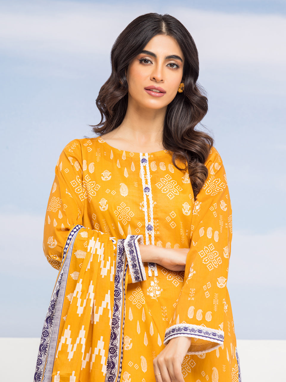 Unstitched Dark Yellow Printed Lawn 3 Piece