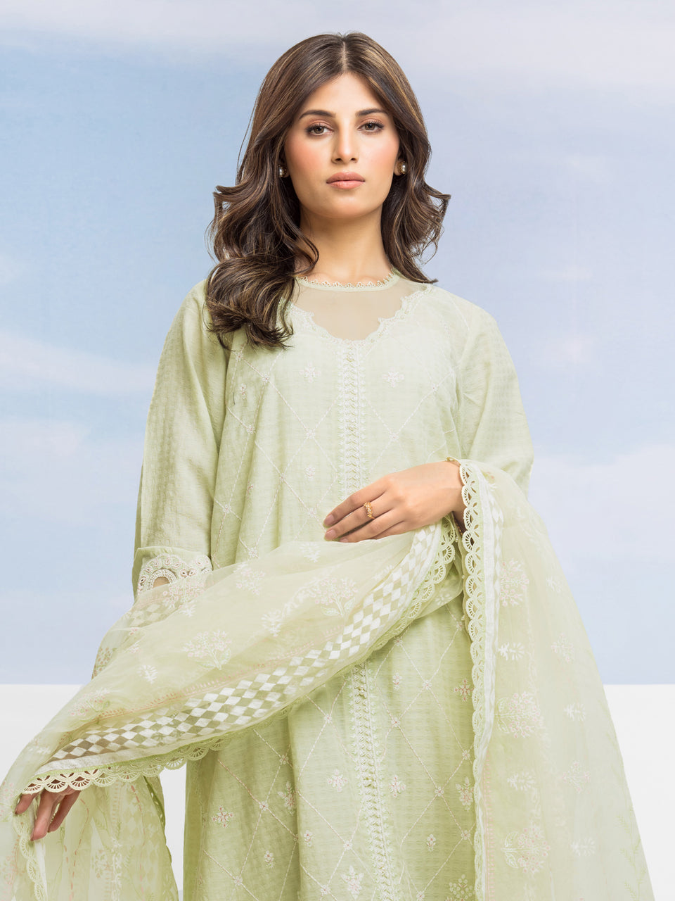 Unstitched Light Green Embroidered Dobby 3 Piece