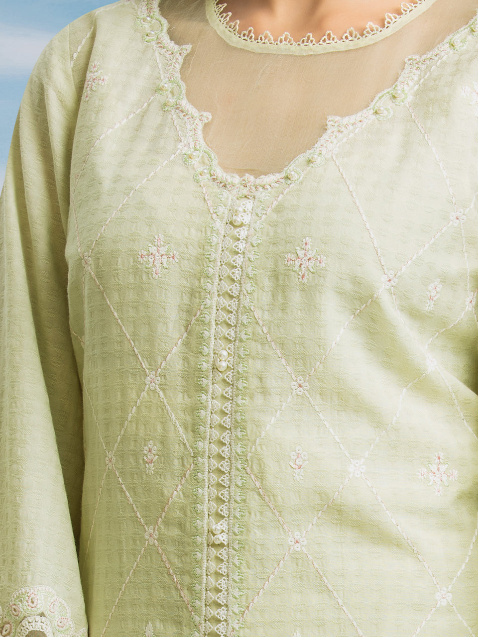 Unstitched Light Green Embroidered Dobby 3 Piece