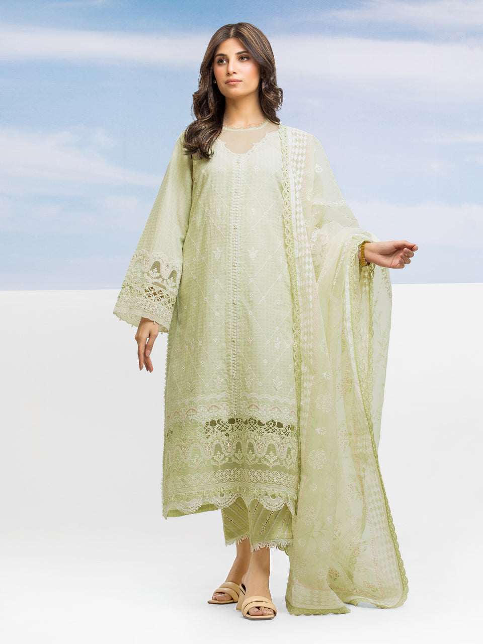 Unstitched Light Green Embroidered Dobby 3 Piece