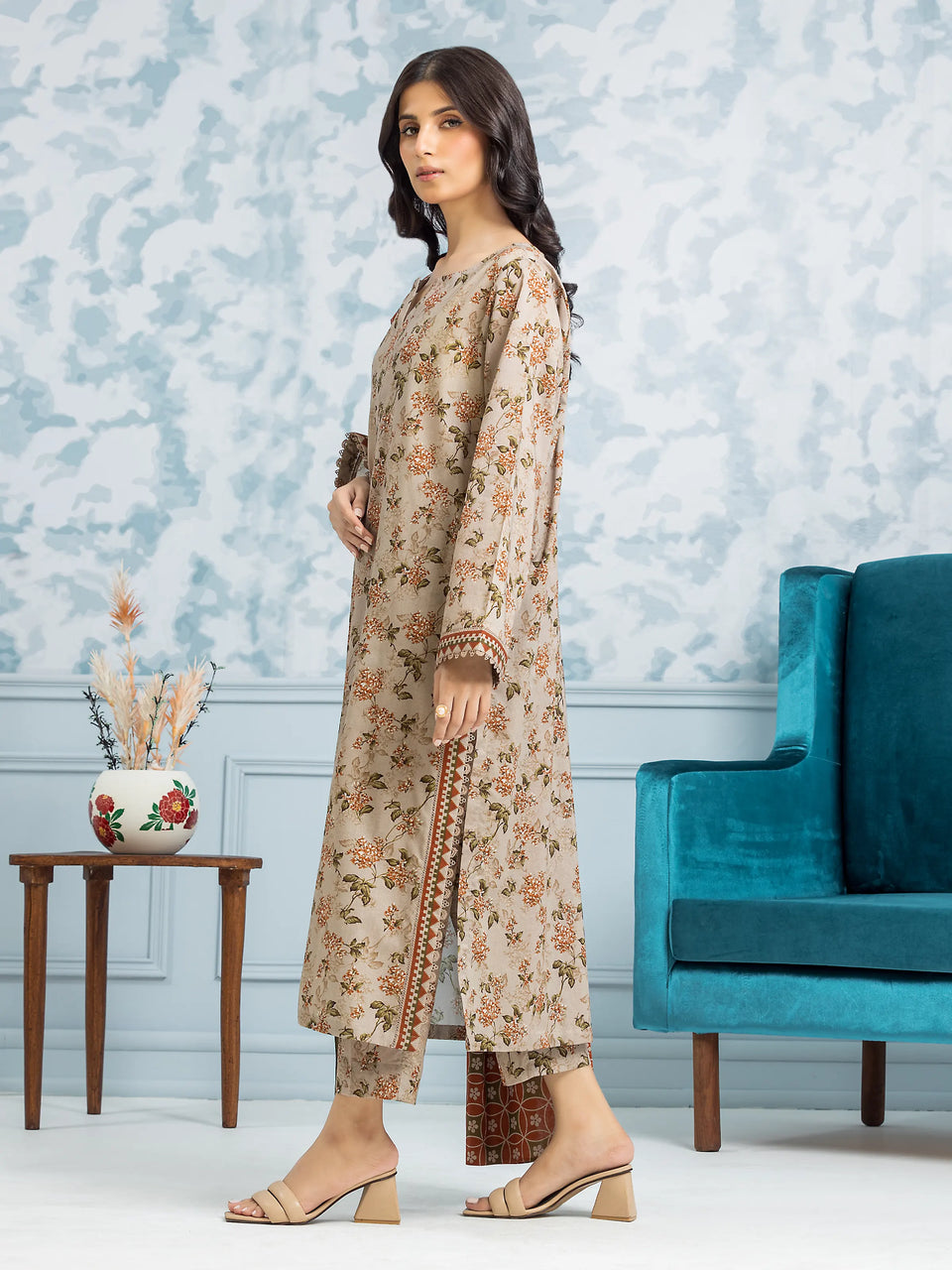 Unstitched Beige Printed Khaddar 3 Piece