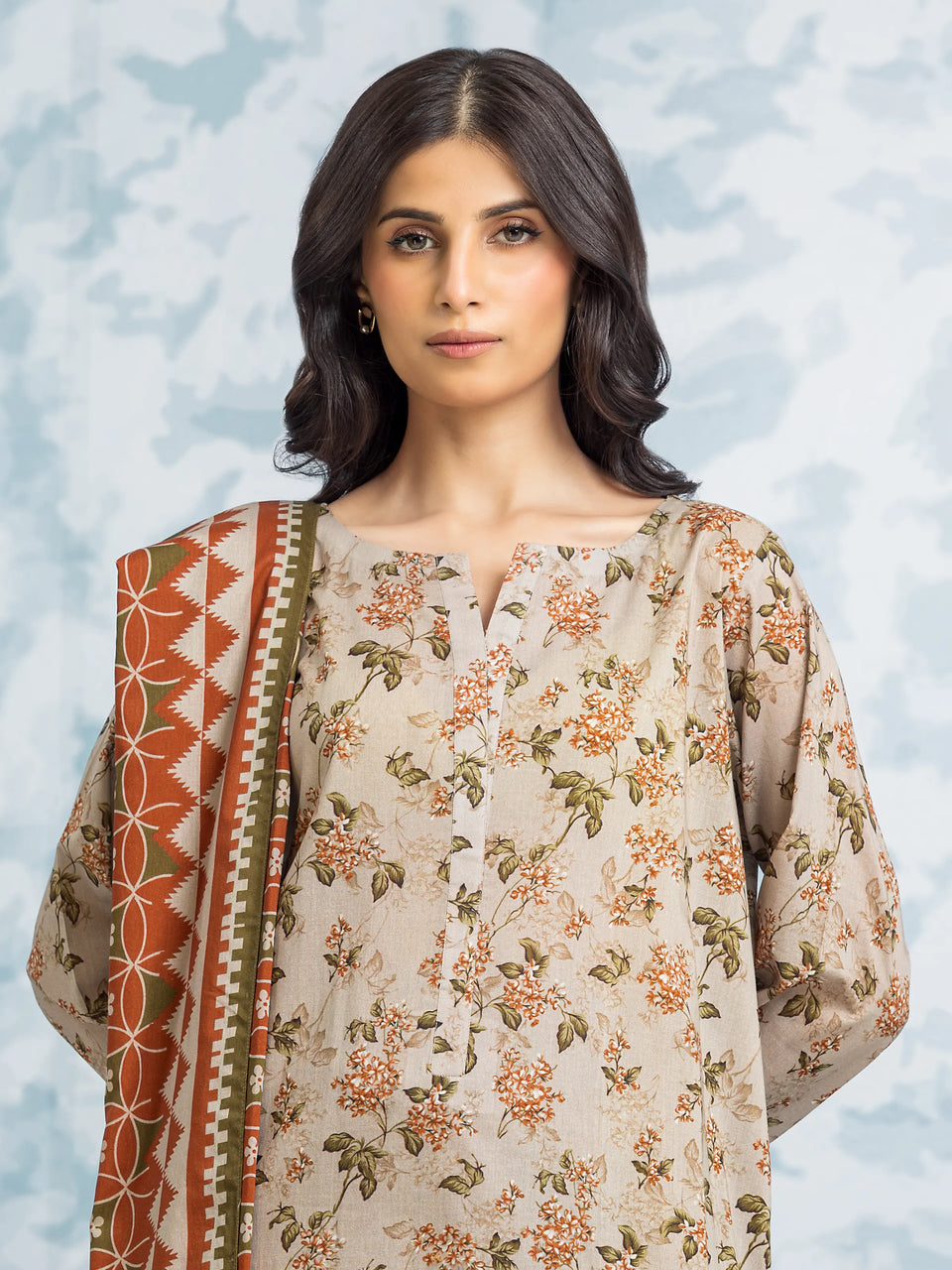 Unstitched Beige Printed Khaddar 3 Piece