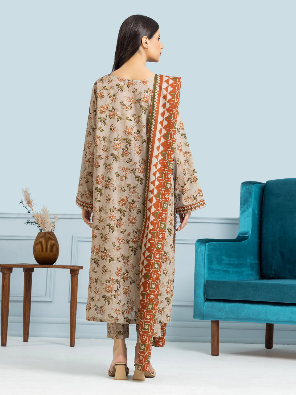 Unstitched Beige Printed Khaddar 3 Piece