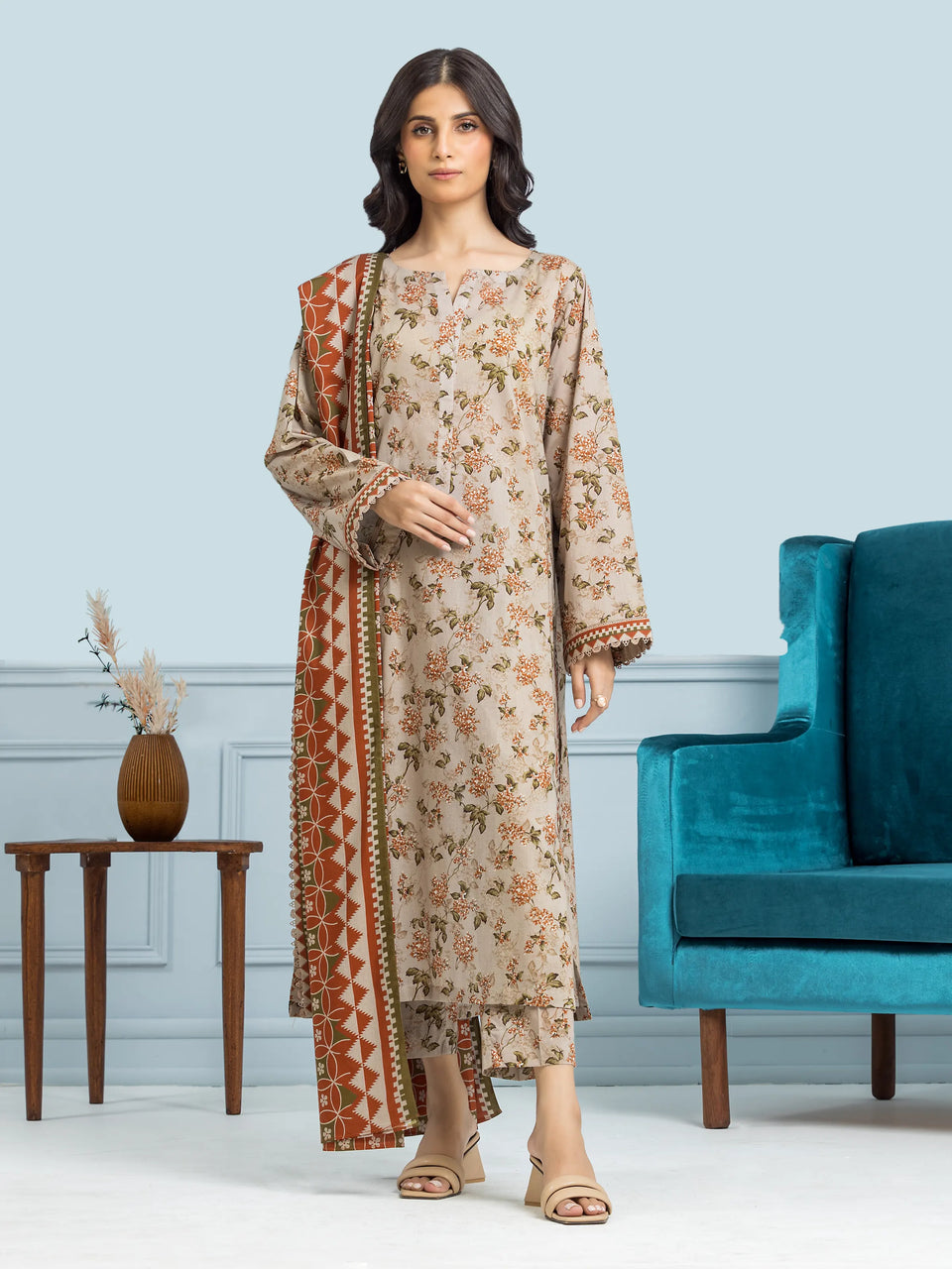 Unstitched Beige Printed Khaddar 3 Piece