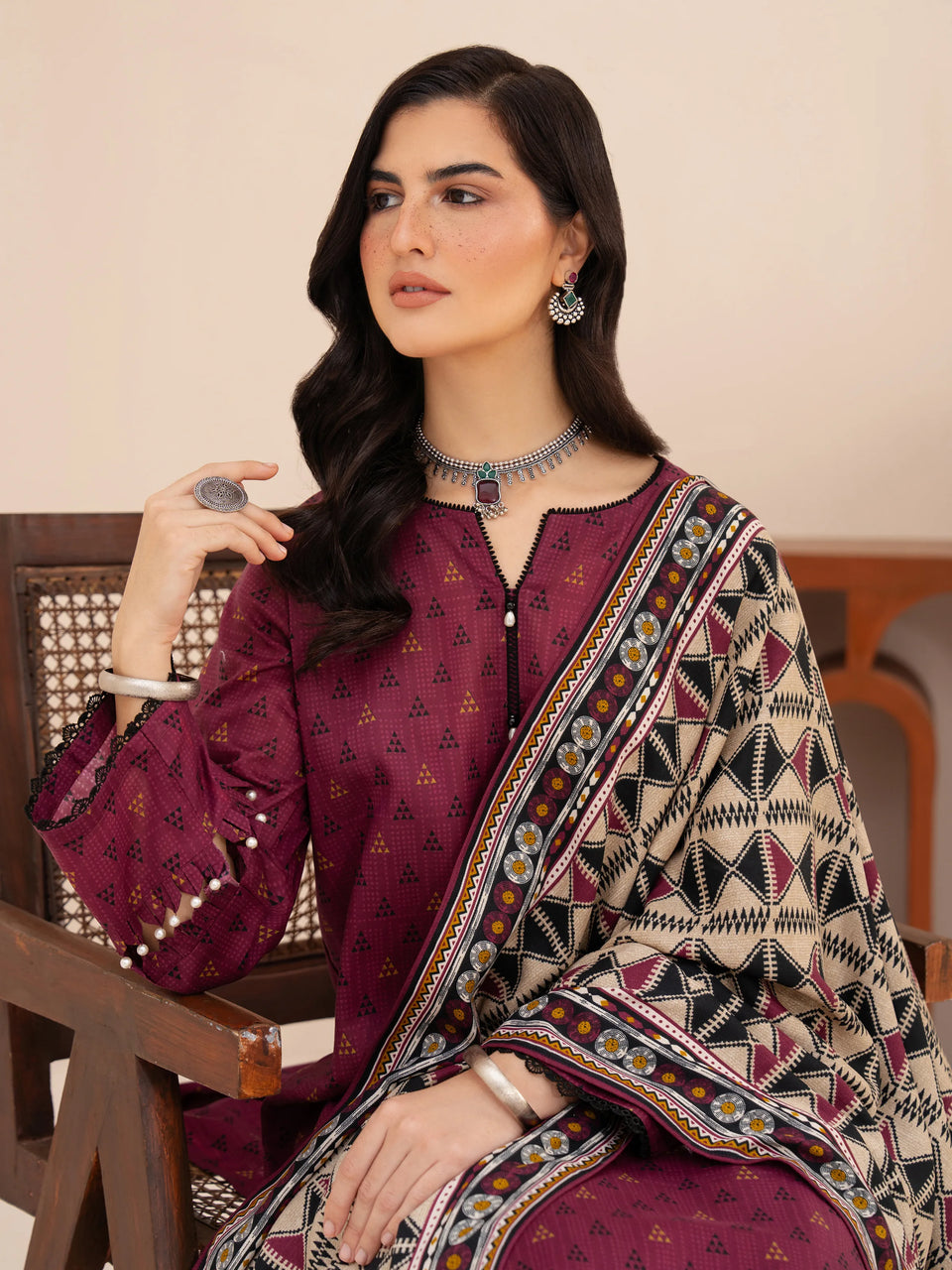 Unstitched Magenta Printed Khaddar 3 Piece