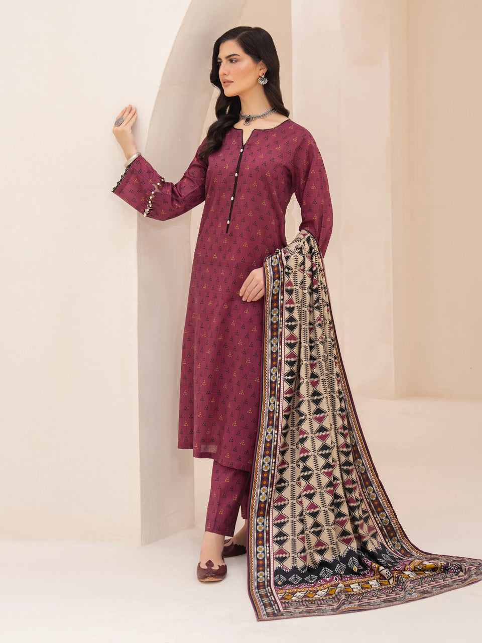 Unstitched Magenta Printed Khaddar 3 Piece