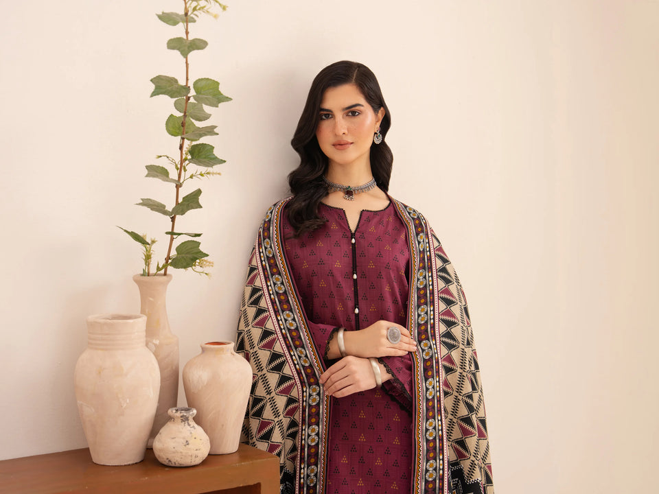 Unstitched Magenta Printed Khaddar 3 Piece