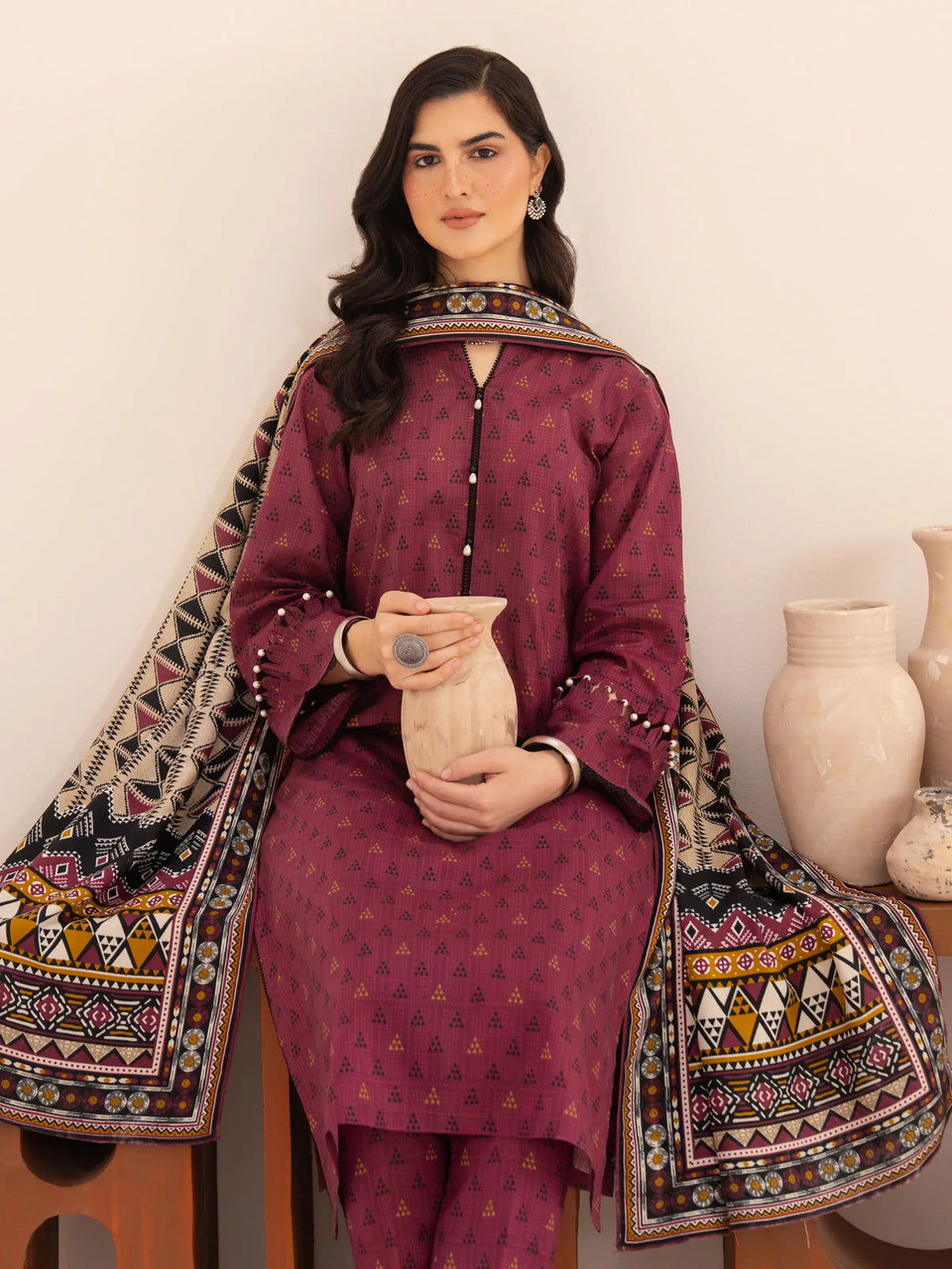 Unstitched Magenta Printed Khaddar 3 Piece