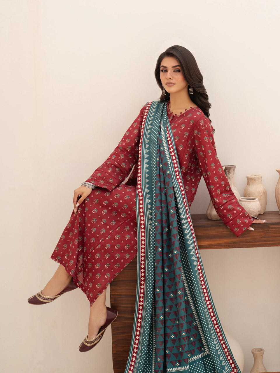 Unstitched Maroon Printed Khaddar 3 Piece