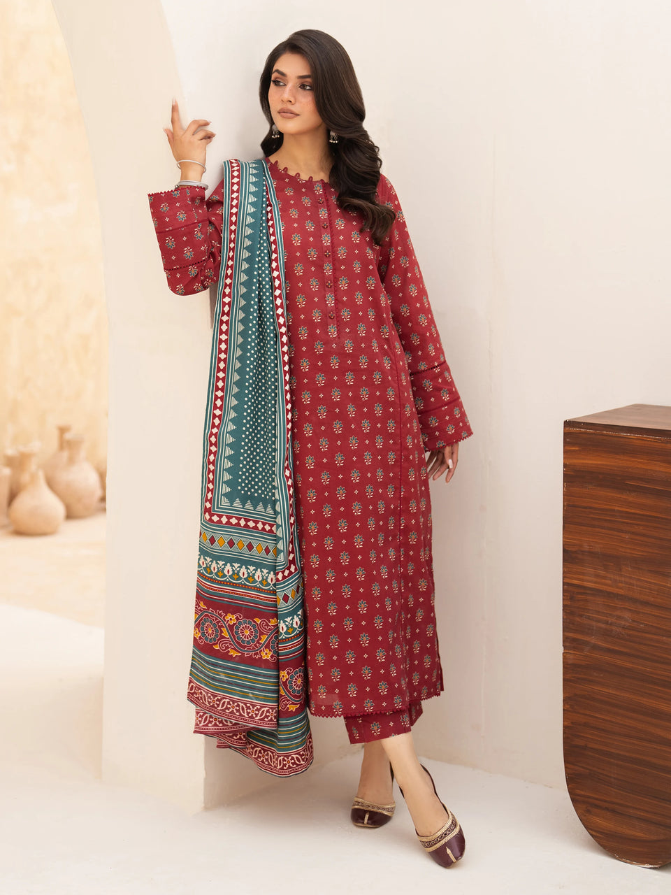 Unstitched Maroon Printed Khaddar 3 Piece