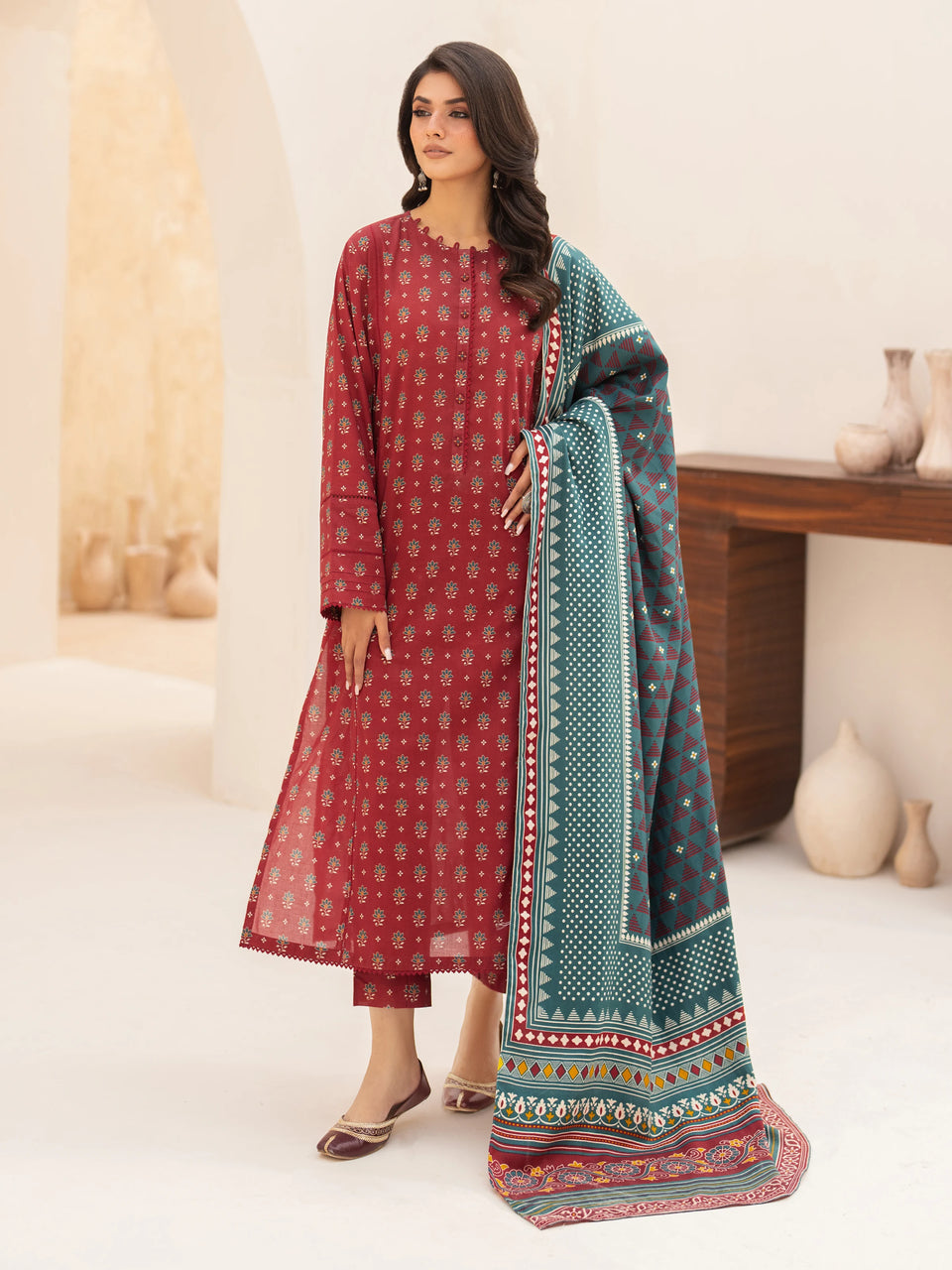 Unstitched Maroon Printed Khaddar 3 Piece