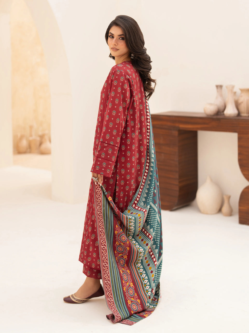 Unstitched Maroon Printed Khaddar 3 Piece