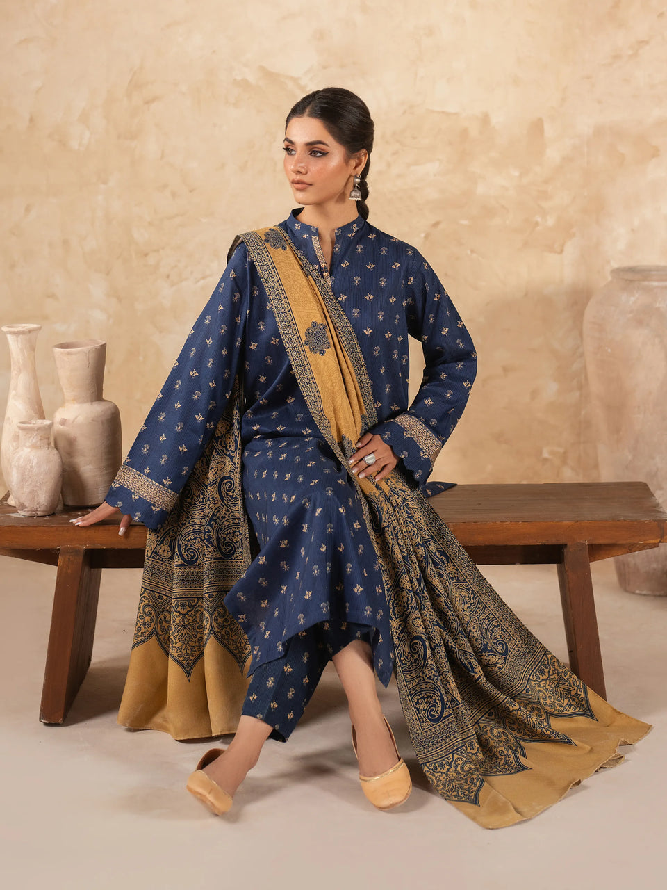 Unstitched Navy Blue Printed Khaddar 3 Piece