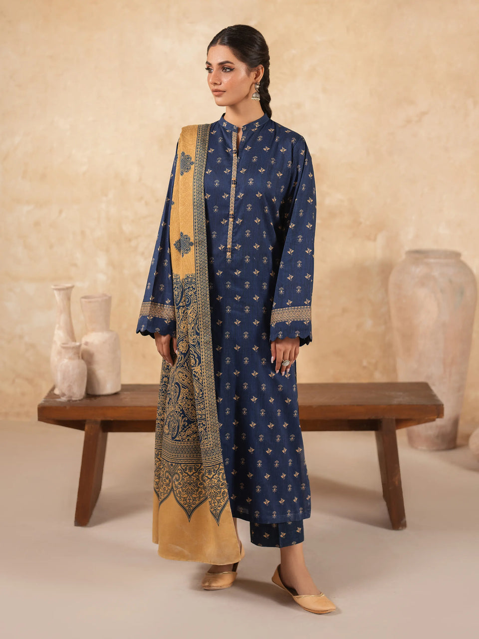 Unstitched Navy Blue Printed Khaddar 3 Piece