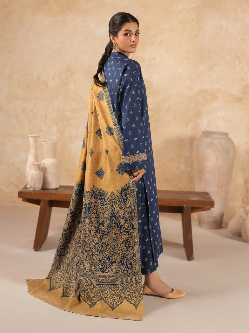 Unstitched Navy Blue Printed Khaddar 3 Piece