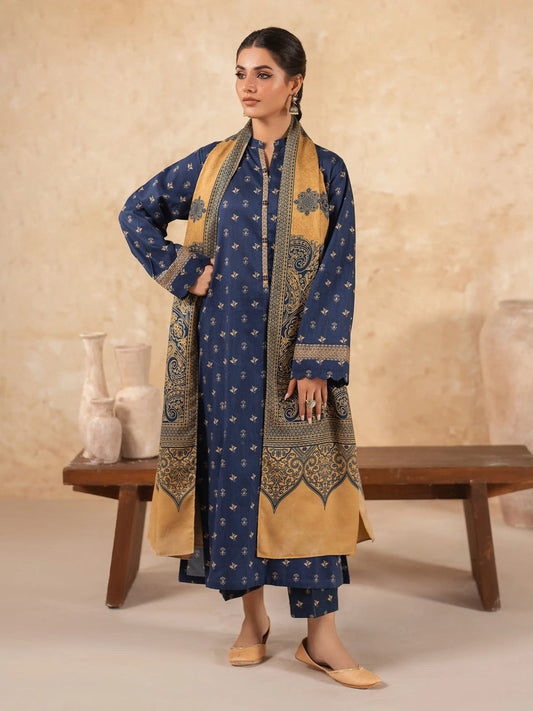 Unstitched Navy Blue Printed Khaddar 3 Piece