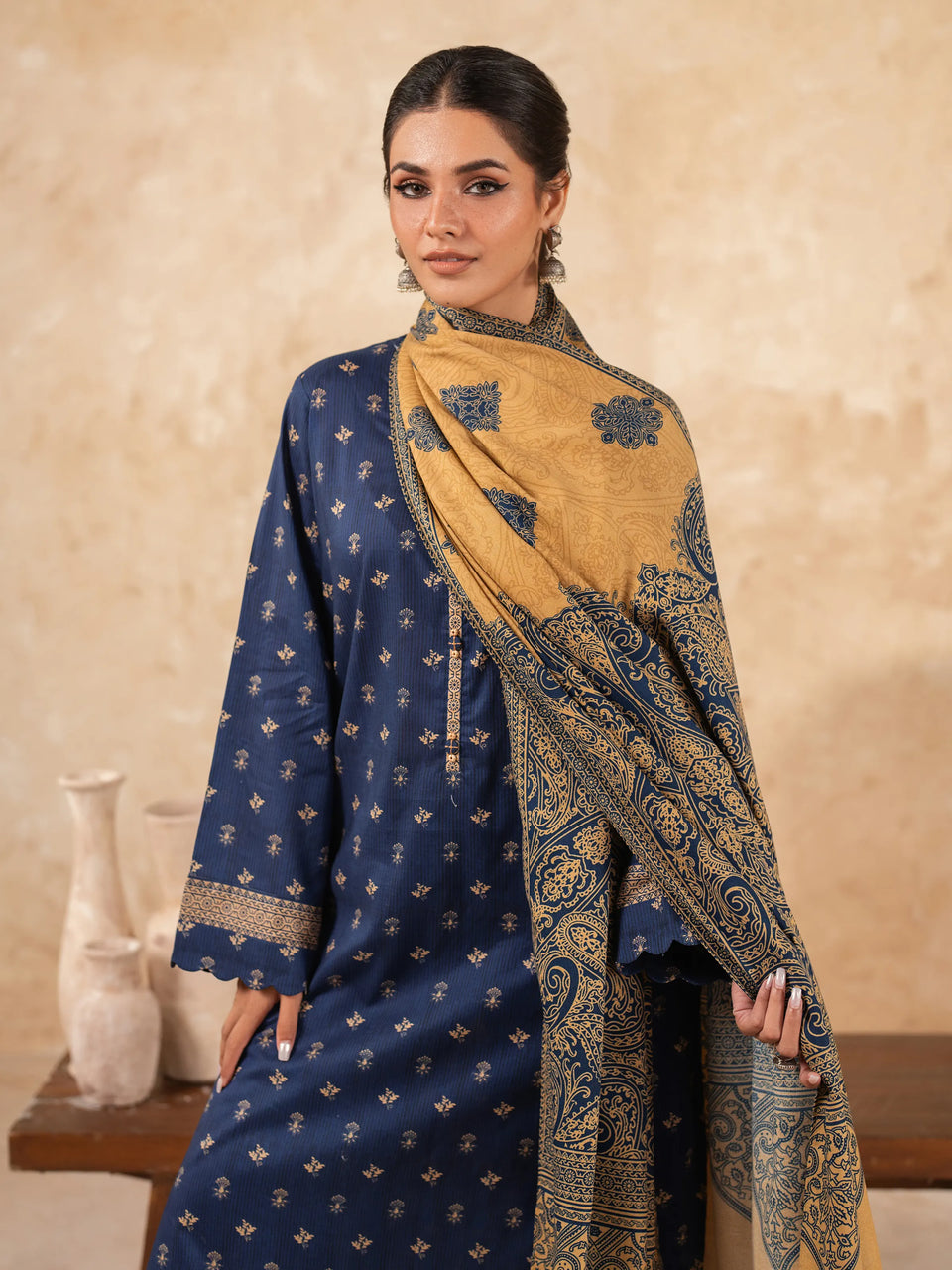 Unstitched Navy Blue Printed Khaddar 3 Piece