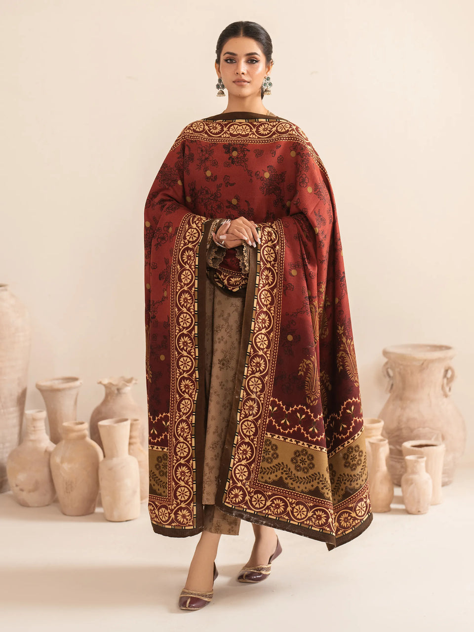 Unstitched Dark Beige Printed Khaddar 3 Piece