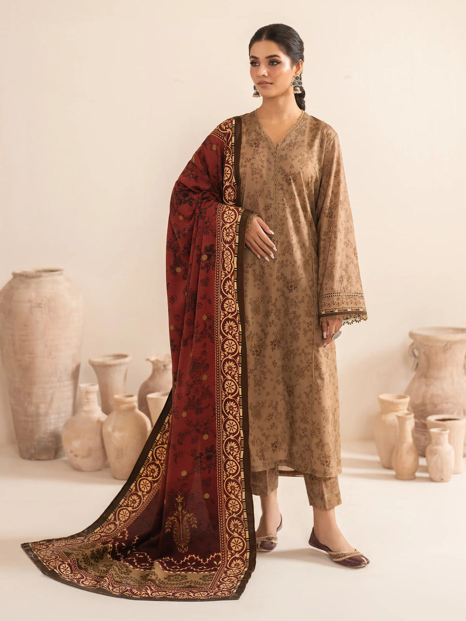 Unstitched Dark Beige Printed Khaddar 3 Piece