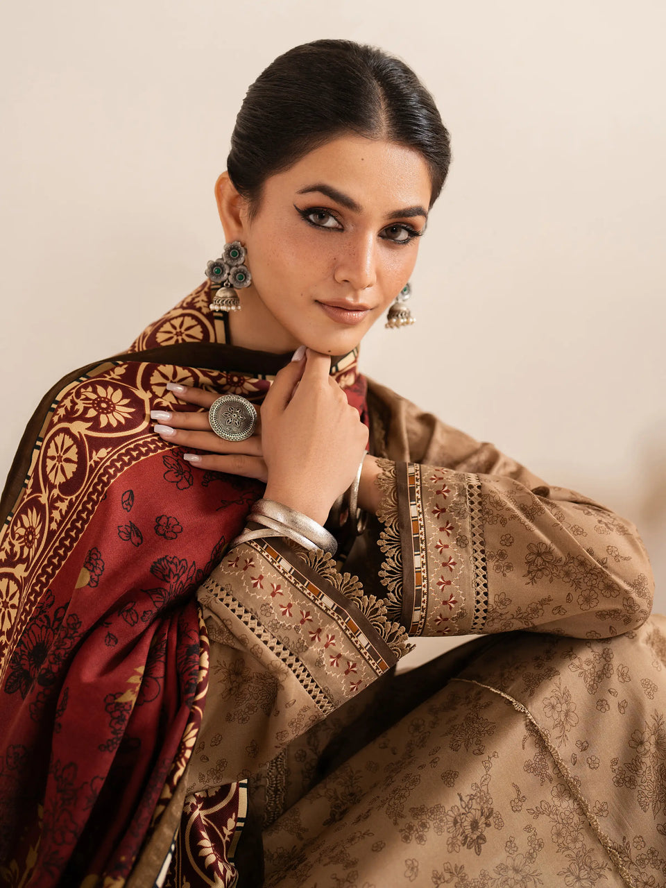 Unstitched Dark Beige Printed Khaddar 3 Piece