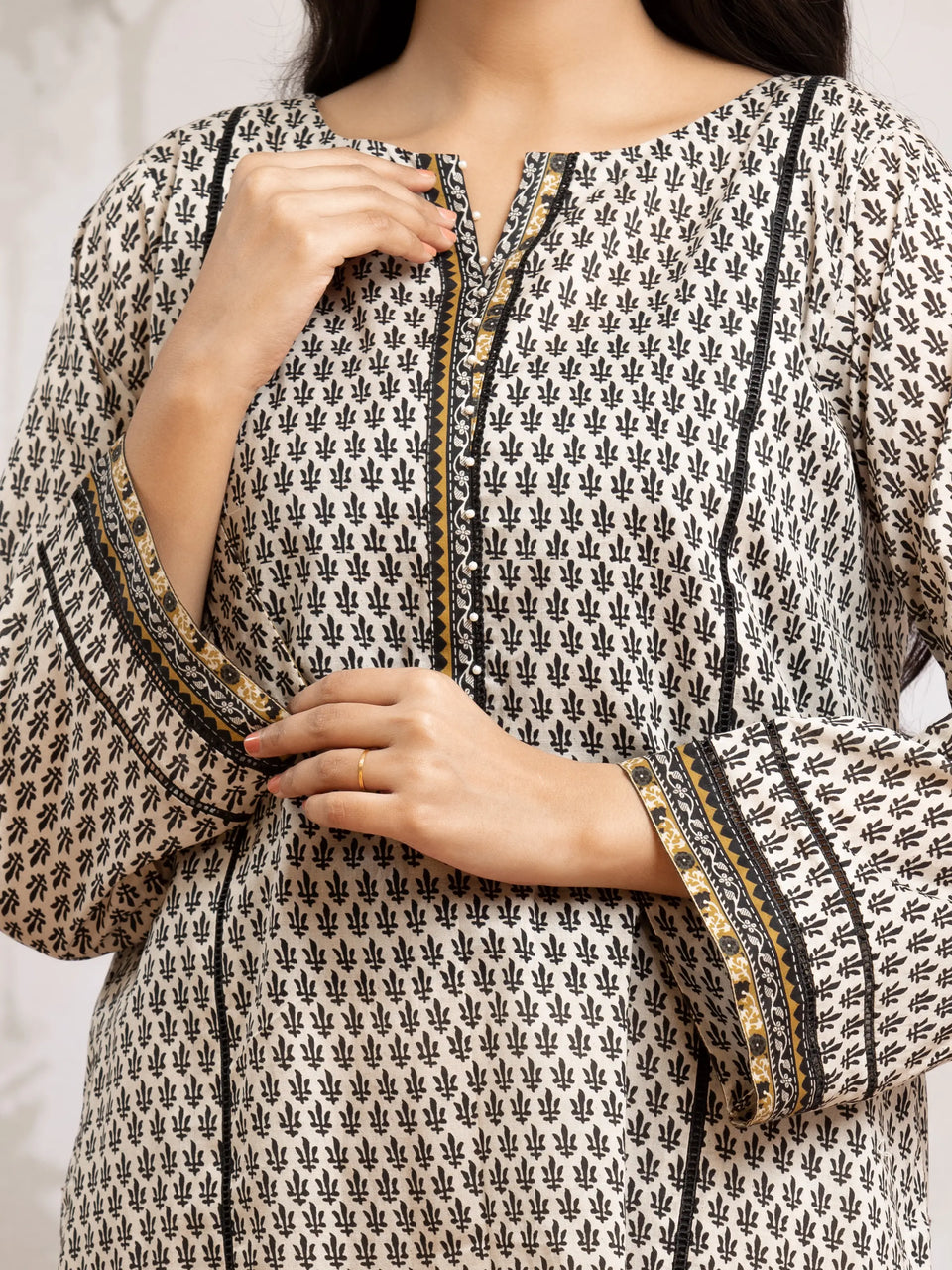 Unstitched Beige & Black Printed Khaddar 3 Piece