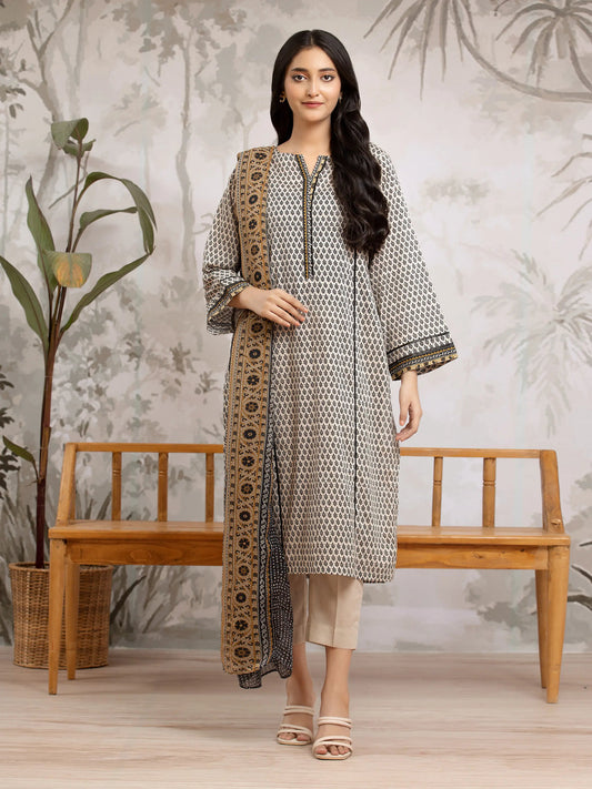 Unstitched Beige & Black Printed Khaddar 3 Piece