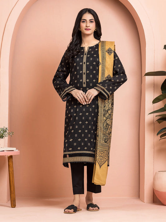 Unstitched Balck Printed Khaddar 3 Piece