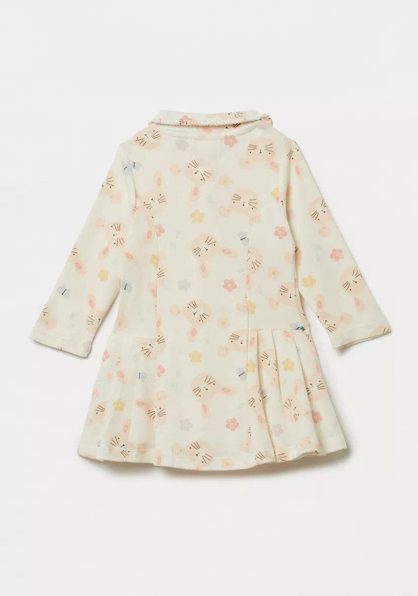 Juniors All-Over Bunny Print A-Line Dress with Long Sleeves