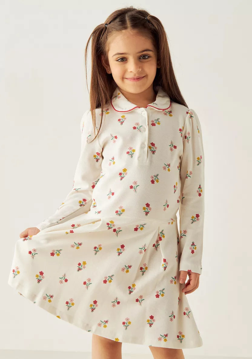 Juniors All-Over Floral Dot Print A-line Dress with Peter Pan Collar and Long Sleeves