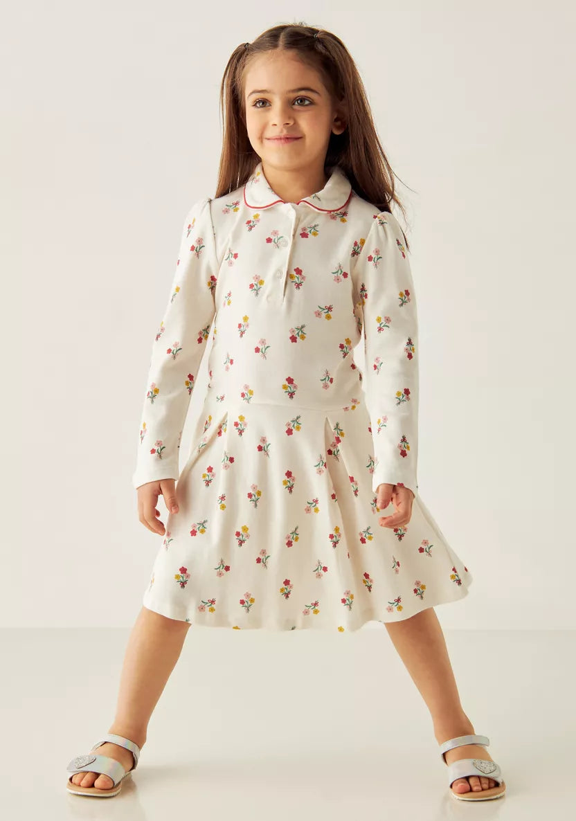 Juniors All-Over Floral Dot Print A-line Dress with Peter Pan Collar and Long Sleeves