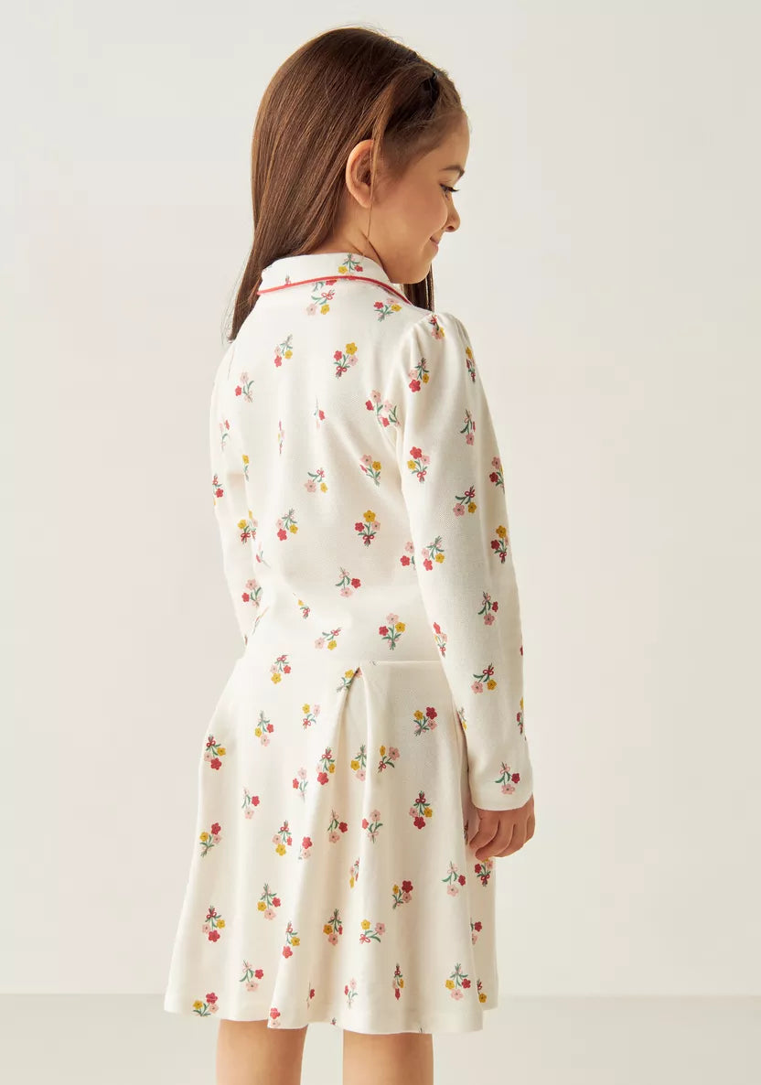 Juniors All-Over Floral Dot Print A-line Dress with Peter Pan Collar and Long Sleeves