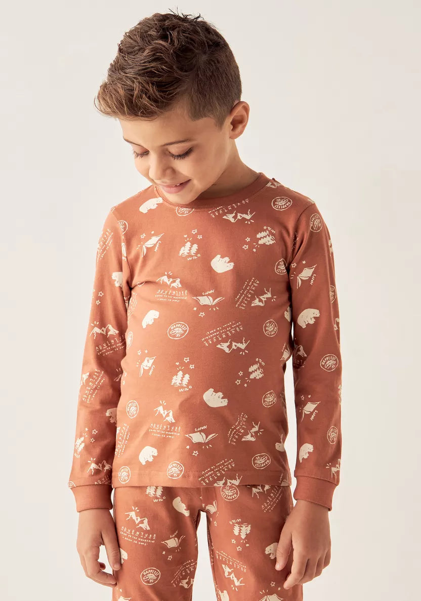 Juniors Printed Long Sleeve T-shirt with Pyjamas - Set of 2