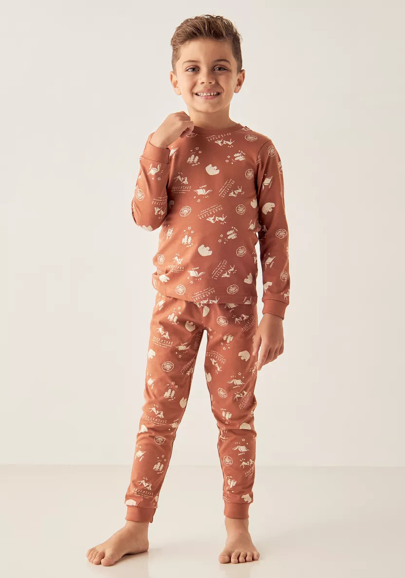 Juniors Printed Long Sleeve T-shirt with Pyjamas - Set of 2