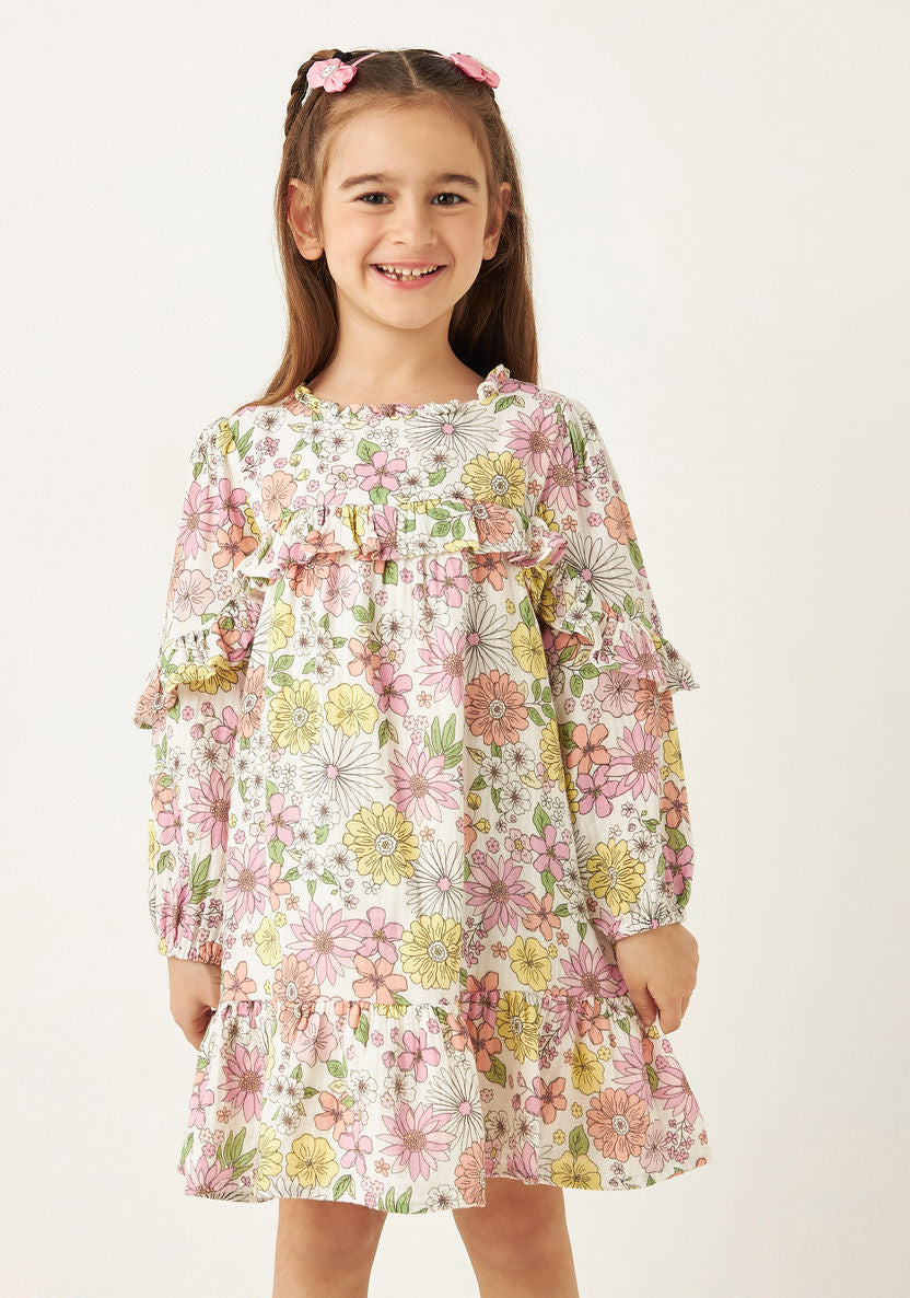 Juniors Floral Print Dress with Ruffles