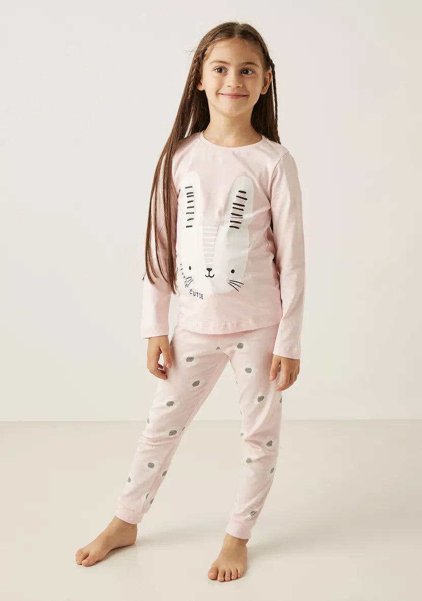 Juniors Bunny Print T-shirt with Pyjamas - Set of 2