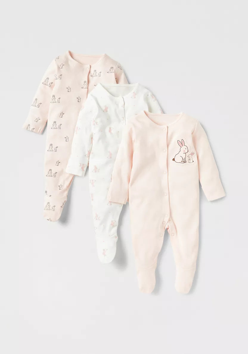 Juniors Bunny Print Closed Feet Sleepsuit - Set of 3