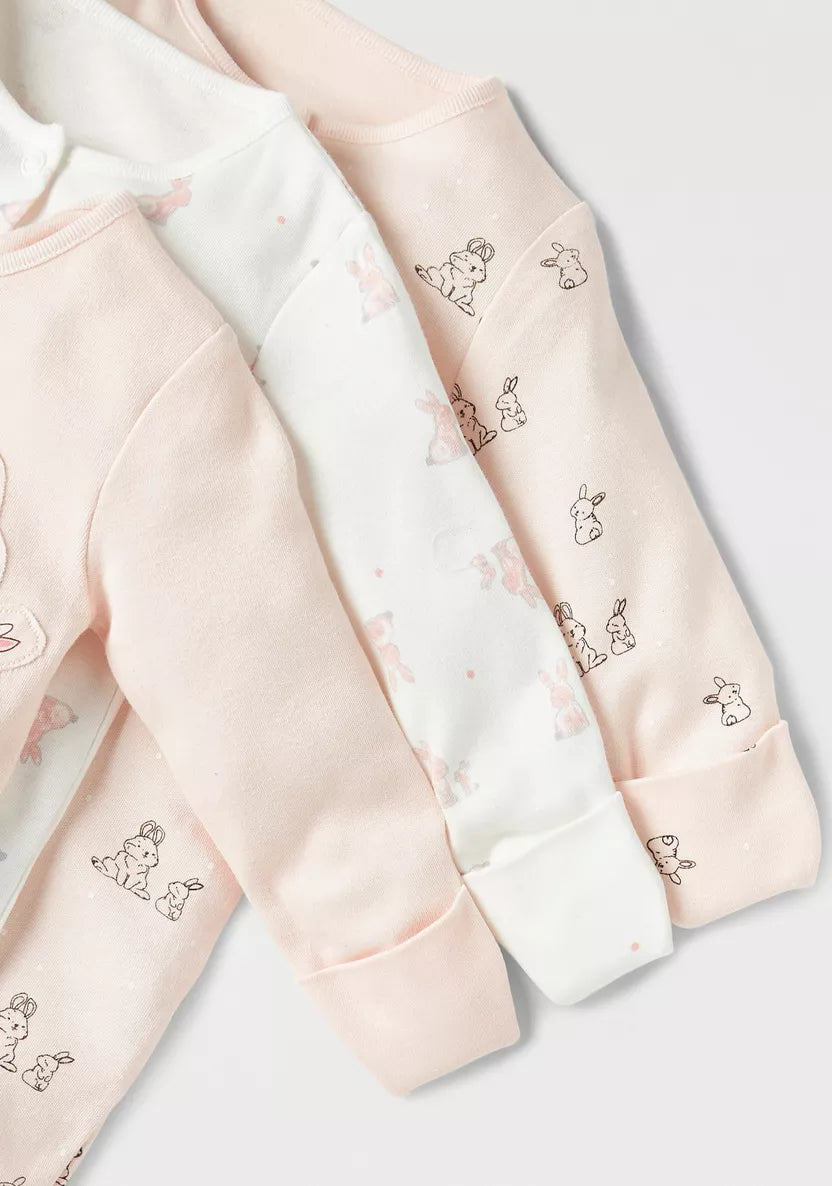 Juniors Bunny Print Closed Feet Sleepsuit - Set of 3