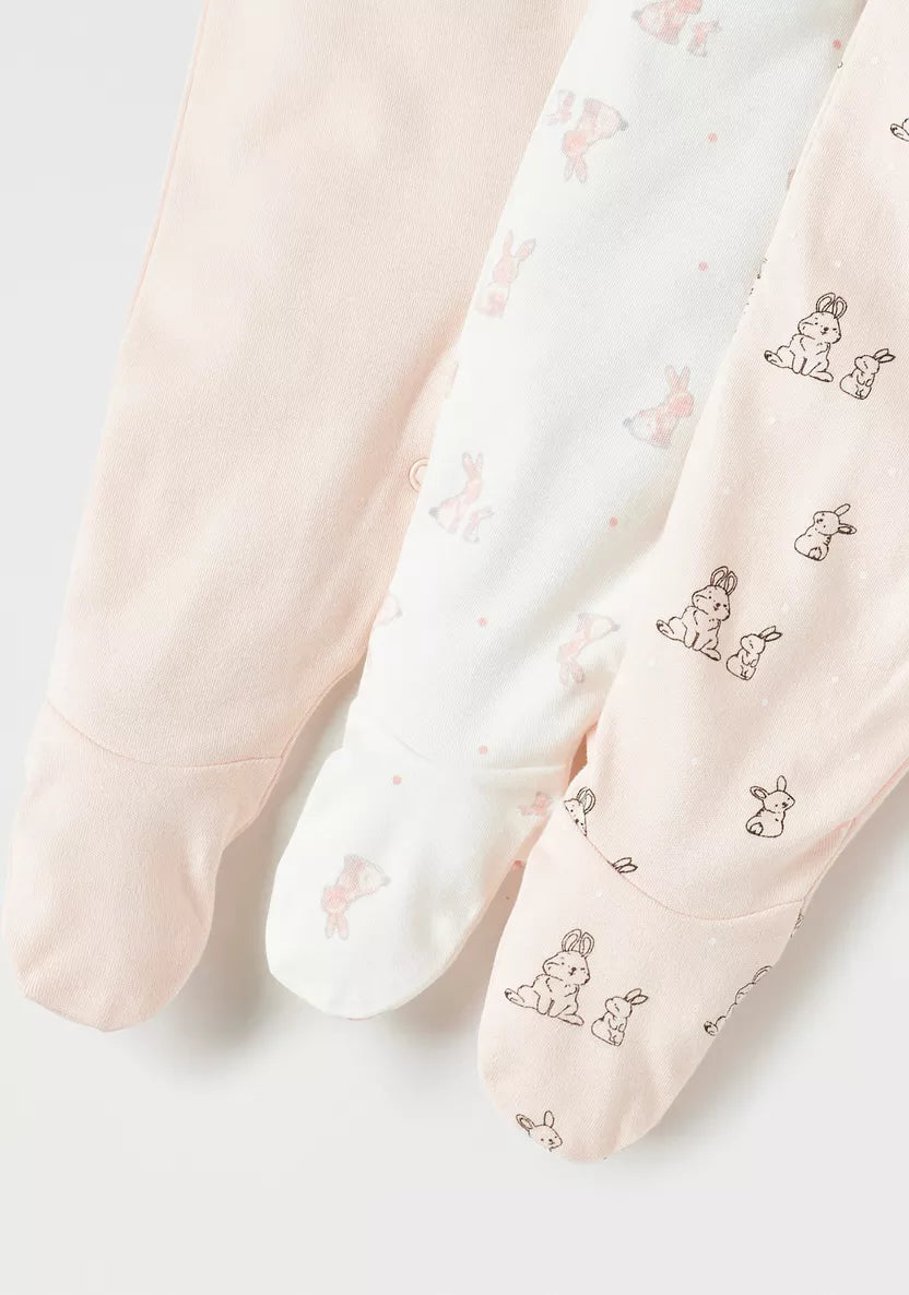 Juniors Bunny Print Closed Feet Sleepsuit - Set of 3