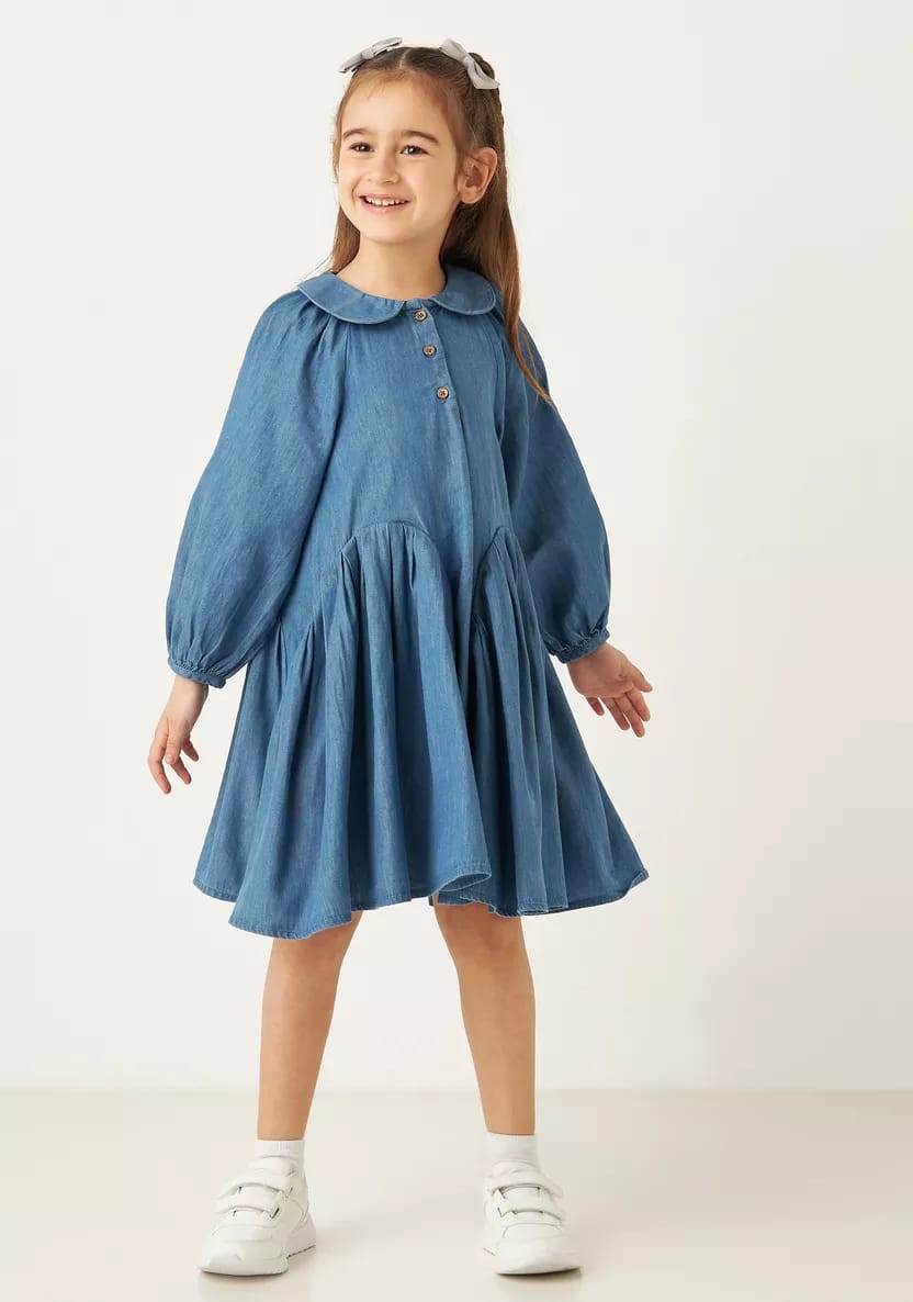 Lee Cooper Solid Denim A-line Dress with Peter Pan Collar and Long Sleeves